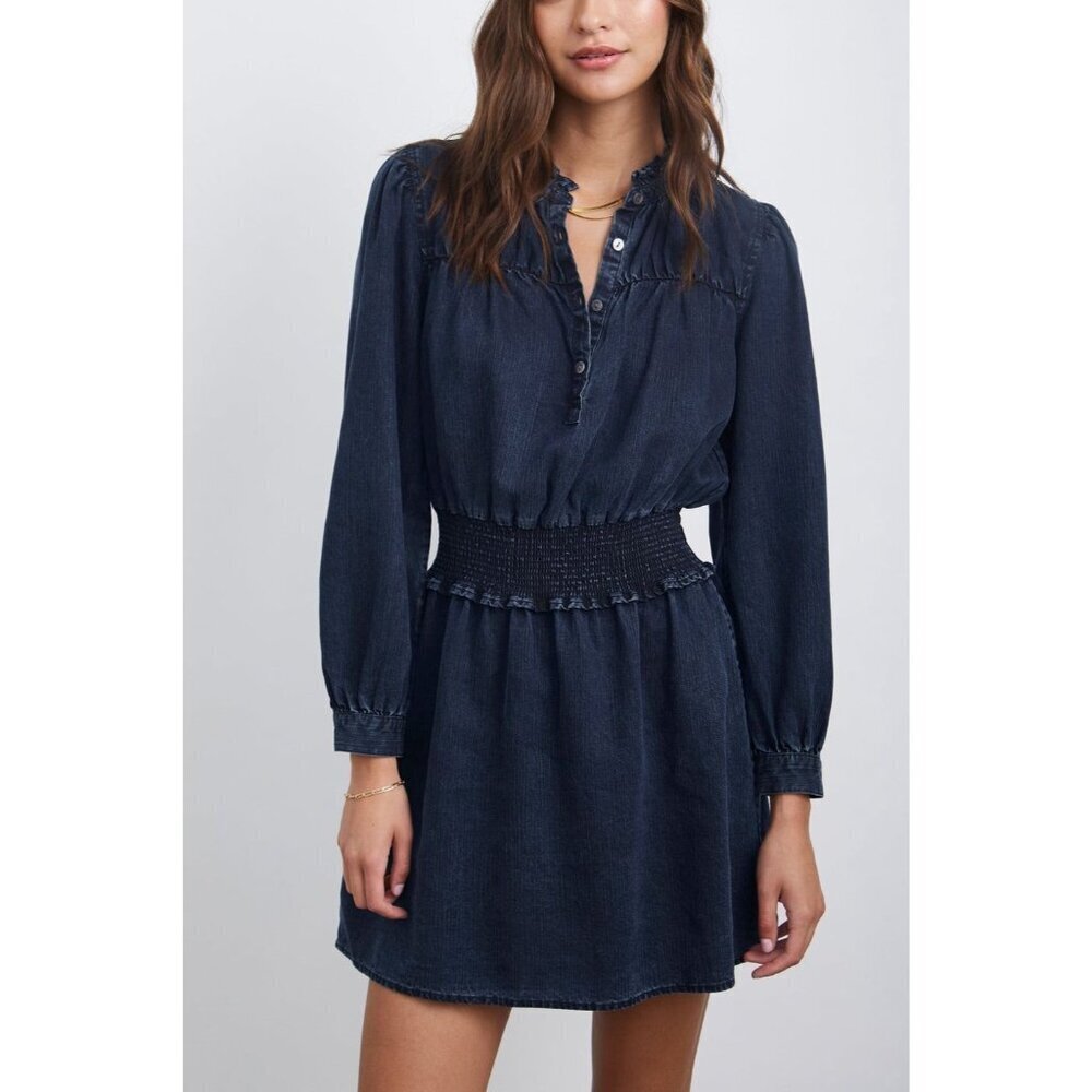Rails Shawna Long-Sleeve Smocked Waist Button-Front Denim Women's Dress Size L